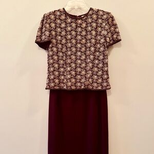 Adrianna Papell Formal Burgundy and Gold Floral Top and Skirt Set